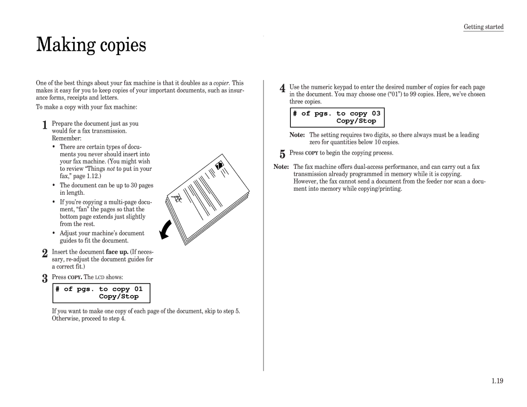 Muratec F-98 operating instructions Making copies, # of pgs. to copy 01 Copy/Stop, # of pgs. to copy 03 Copy/Stop 