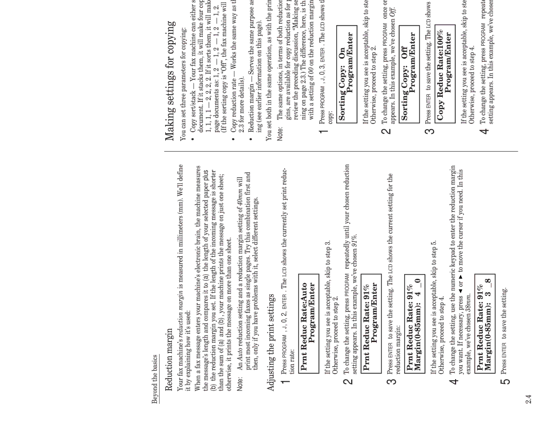 Muratec F-98 operating instructions Making settings for copying, Reduction margin, Adjusting the print settings 