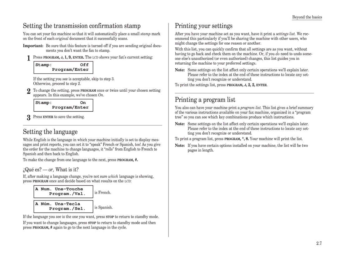 Muratec F-98 Setting the transmission confirmation stamp, Setting the language, Printing your settings 