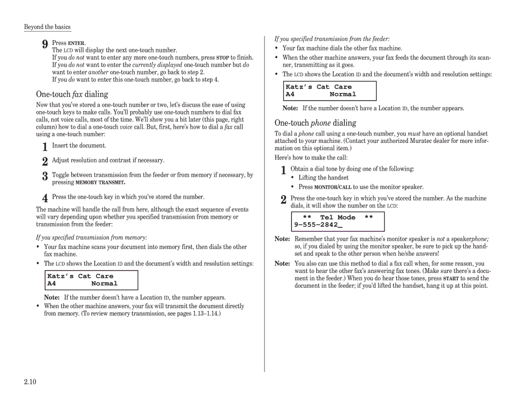 Muratec F-98 operating instructions One-touch fax dialing, One-touch phone dialing, Katz’s Cat Care A4 Normal 