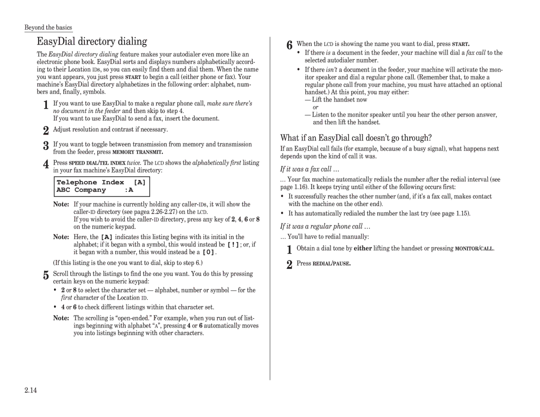 Muratec F-98 operating instructions EasyDial directory dialing, What if an EasyDial call doesn’t go through?, ABC Company 