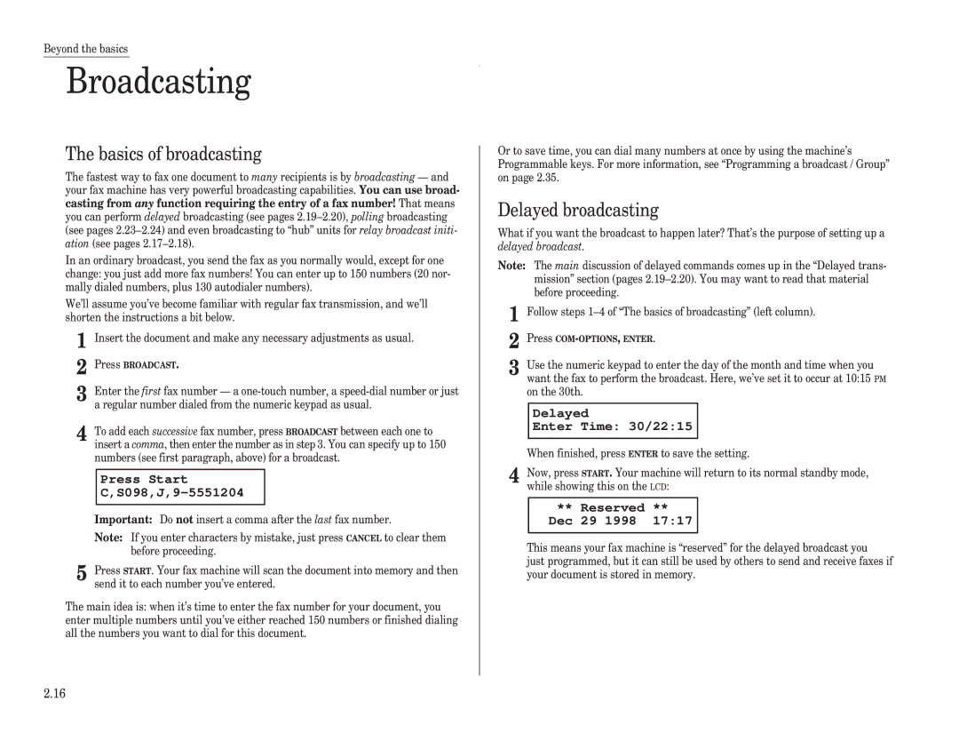 Muratec F-98 operating instructions Broadcasting, Basics of broadcasting, Delayed broadcasting 