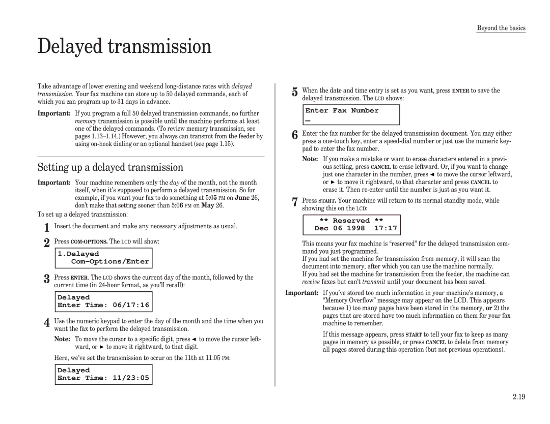 Muratec F-98 operating instructions Delayed transmission, Setting up a delayed transmission 