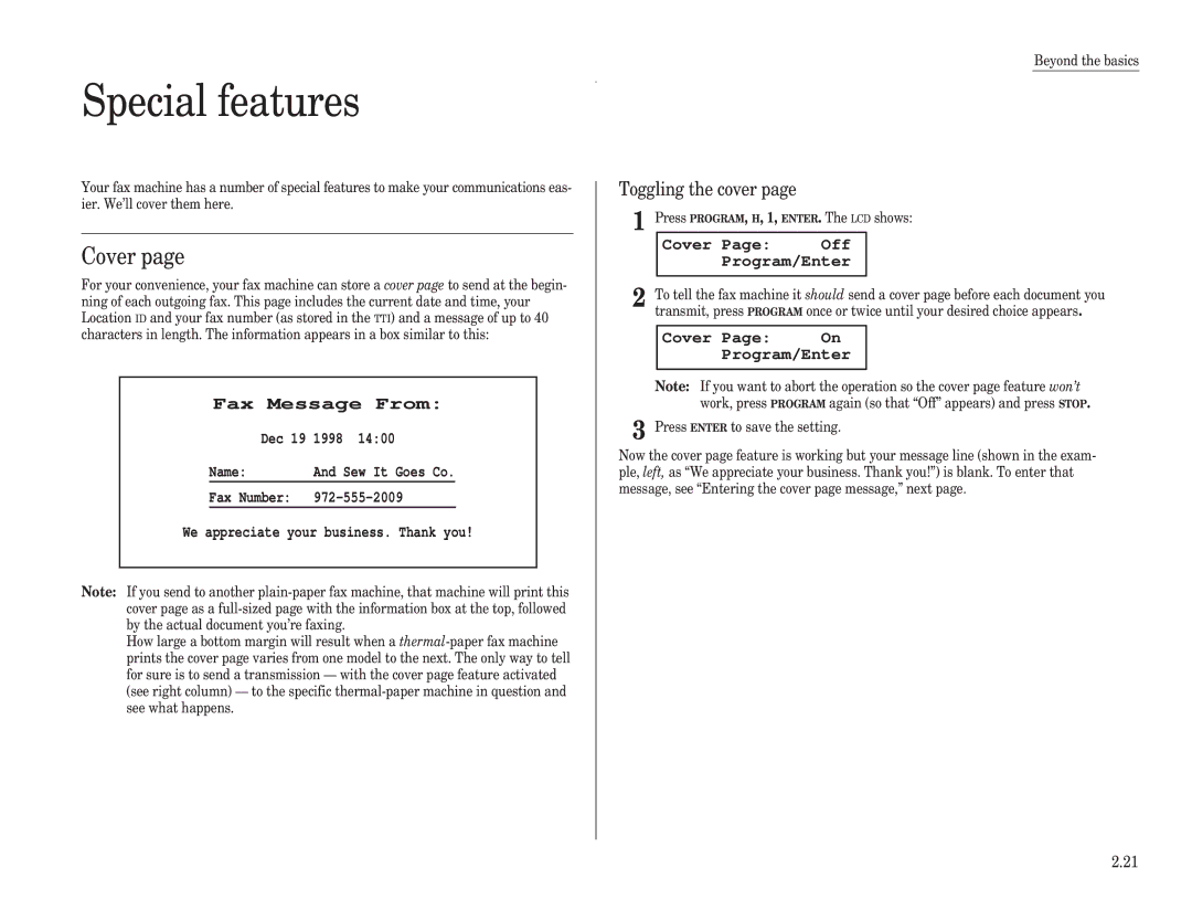 Muratec F-98 operating instructions Special features, Cover, Toggling the cover 