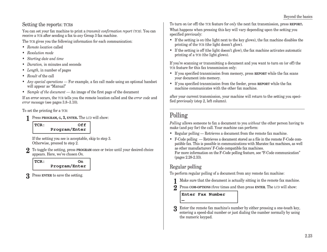 Muratec F-98 Polling, Setting the reports TCRs, Regular polling, TCROff Program/Enter, TCROn Program/Enter 