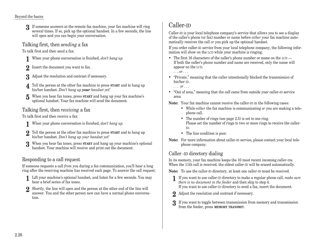 Muratec F-98 operating instructions Caller-ID, Talking first, then sending a fax, Talking first, then receiving a fax 