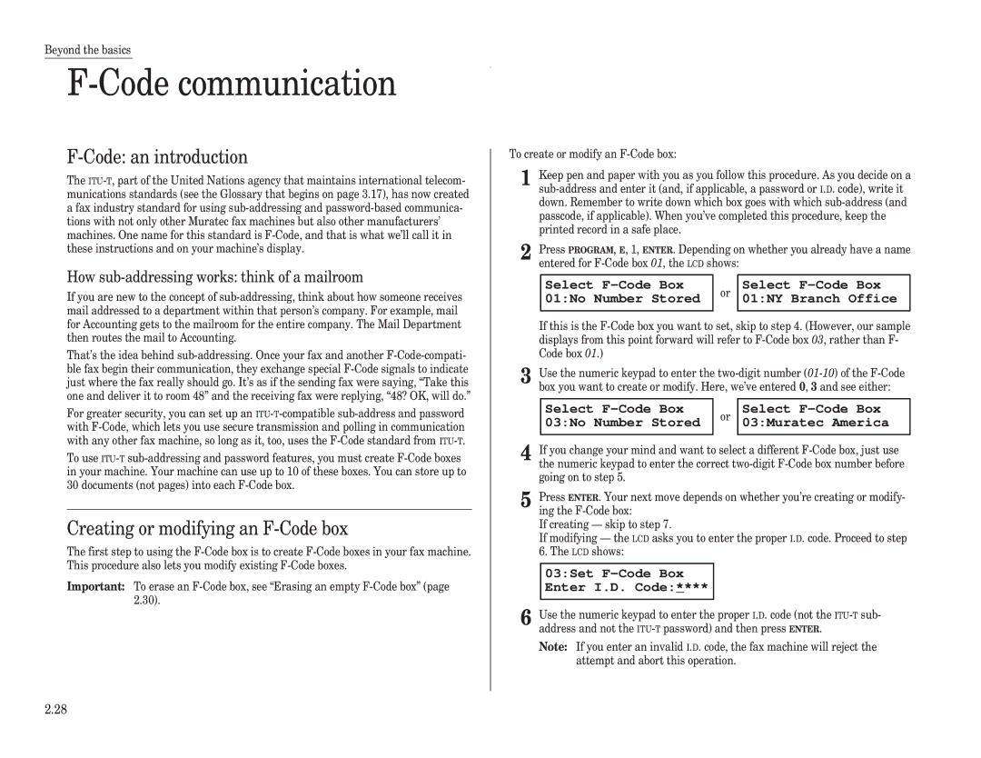 Muratec F-98 operating instructions Code communication, Code an introduction, Creating or modifying an F-Code box 