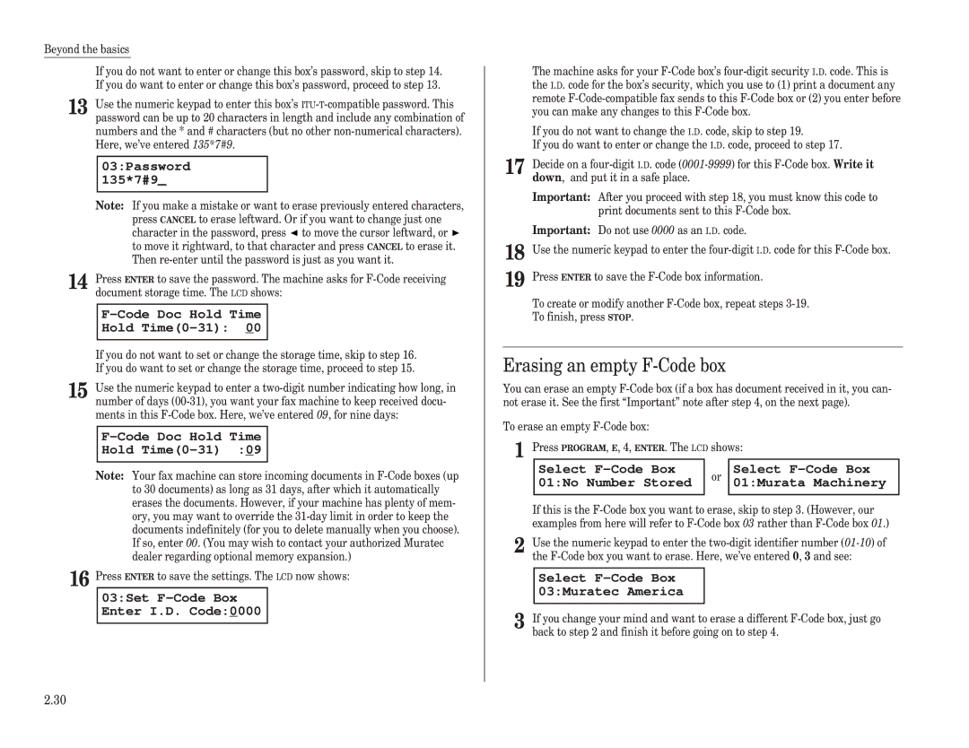 Muratec F-98 operating instructions Erasing an empty F-Code box, 03Password 135*7#9, Code Doc Hold Time Hold Time0-31 