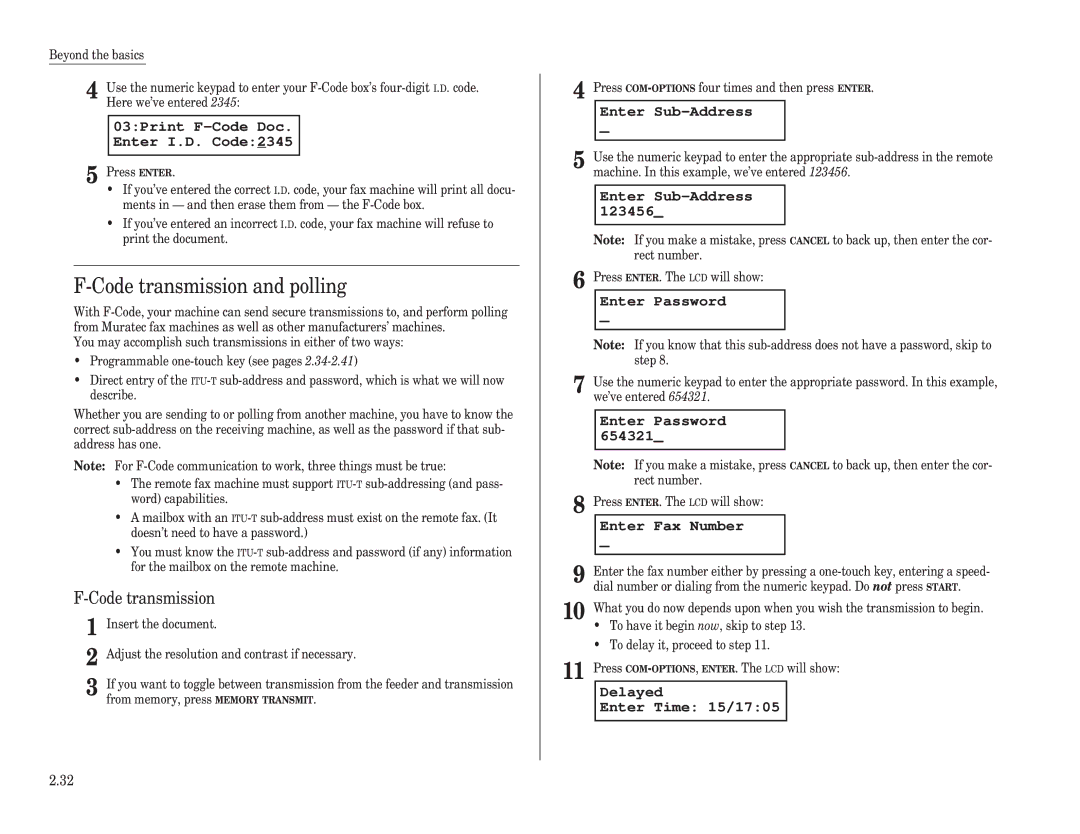 Muratec F-98 Code transmission and polling, 03Print F-Code Doc. Enter I.D. Code2345, Enter Sub-Address, Enter Password 