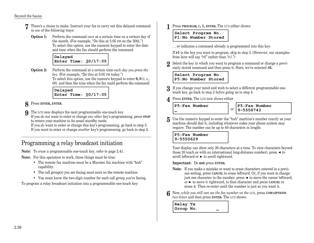 Muratec F-98 Programming a relay broadcast initiation, Select Program No P5No Number Stored, P5Fax Number 5558743 