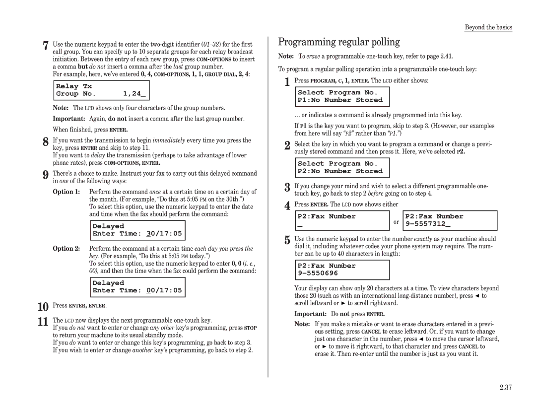 Muratec F-98 Programming regular polling, Relay Tx Group No ,24, Select Program No P2No Number Stored, P2Fax Number 