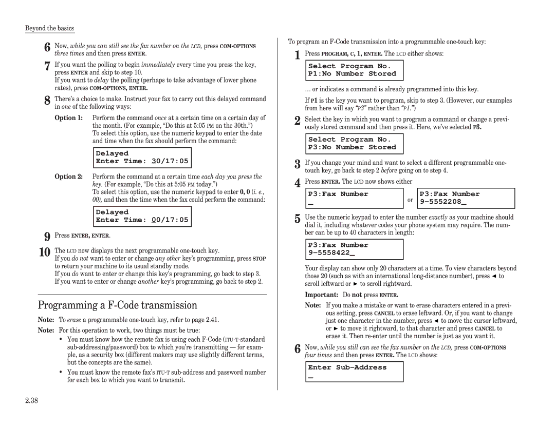 Muratec F-98 operating instructions Programming a F-Code transmission, P3Fax Number 5552208 