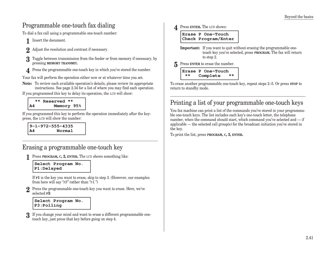 Muratec F-98 operating instructions Programmable one-touch fax dialing, Erasing a programmable one-touch key 