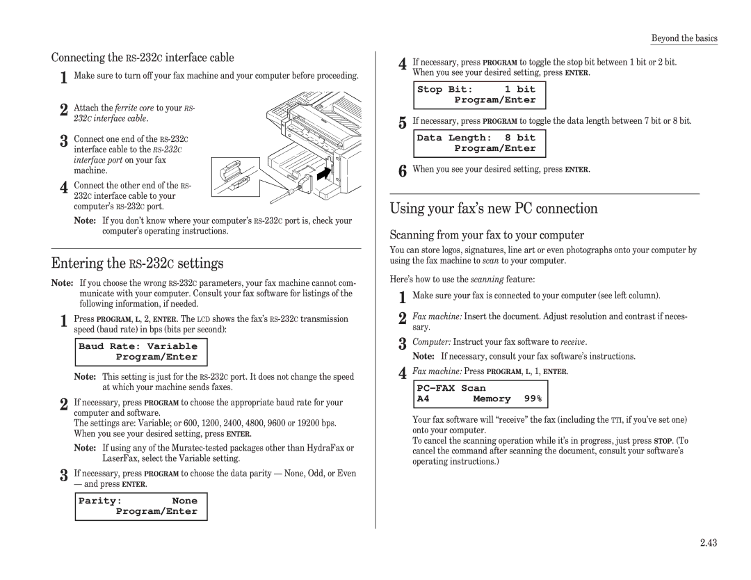 Muratec F-98 Entering the RS-232Csettings, Using your fax’s new PC connection, Connecting the RS-232Cinterface cable 