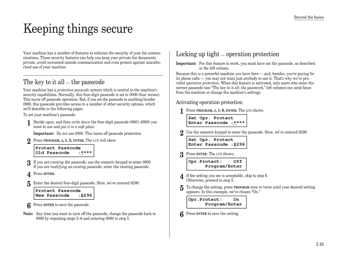 Muratec F-98 Keeping things secure, Key to it all the passcode, Locking up tight operation protection 