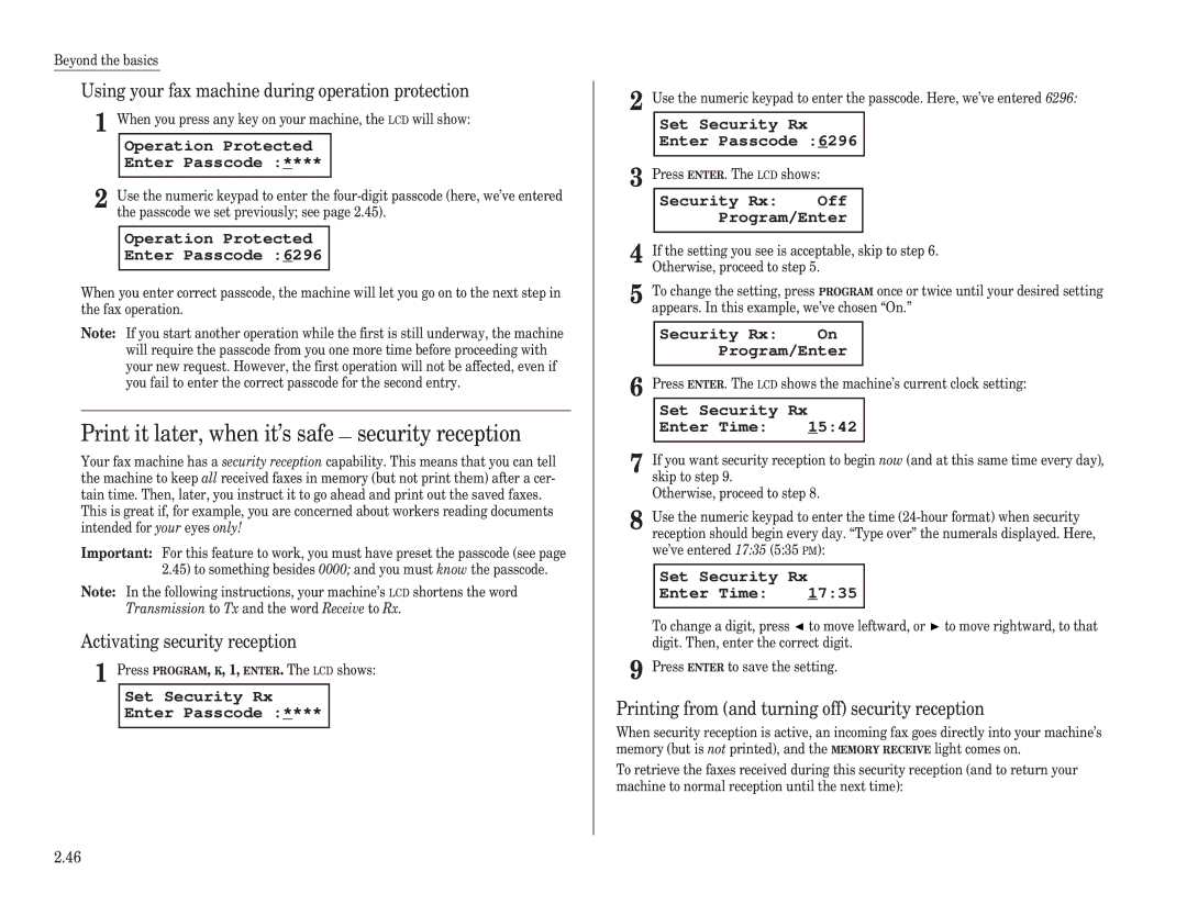 Muratec F-98 Print it later, when it’s safe security reception, Using your fax machine during operation protection 