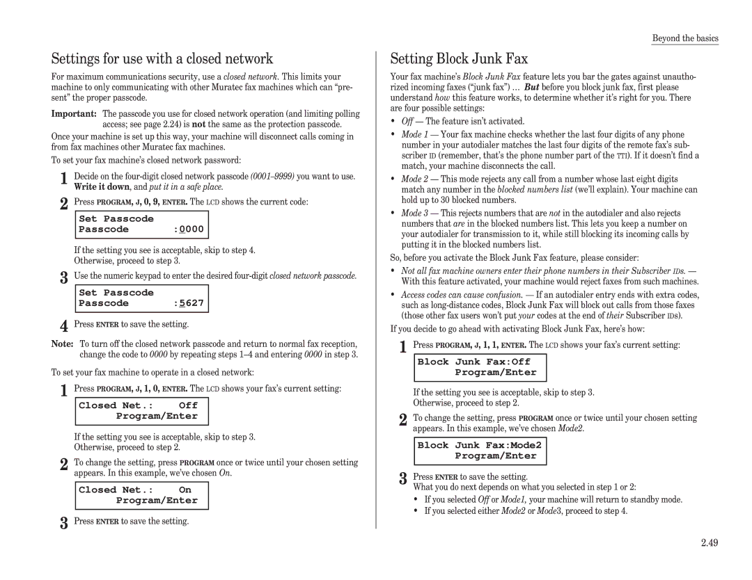 Muratec F-98 operating instructions Settings for use with a closed network, Setting Block Junk Fax 