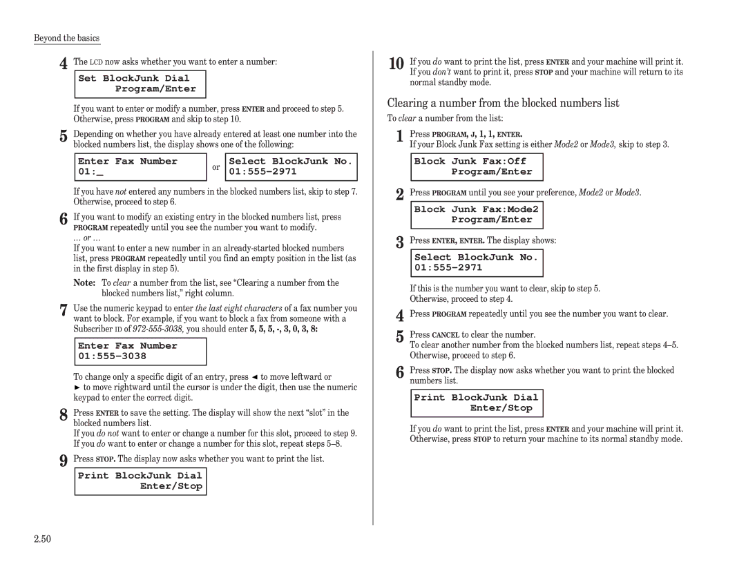 Muratec F-98 Clearing a number from the blocked numbers list, Set BlockJunk Dial Program/Enter, … or … 