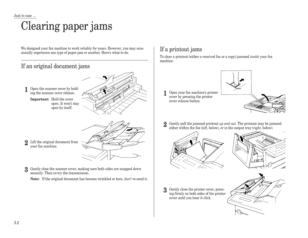 Muratec F-98 operating instructions Clearing paper jams, If an original document jams, If a printout jams 