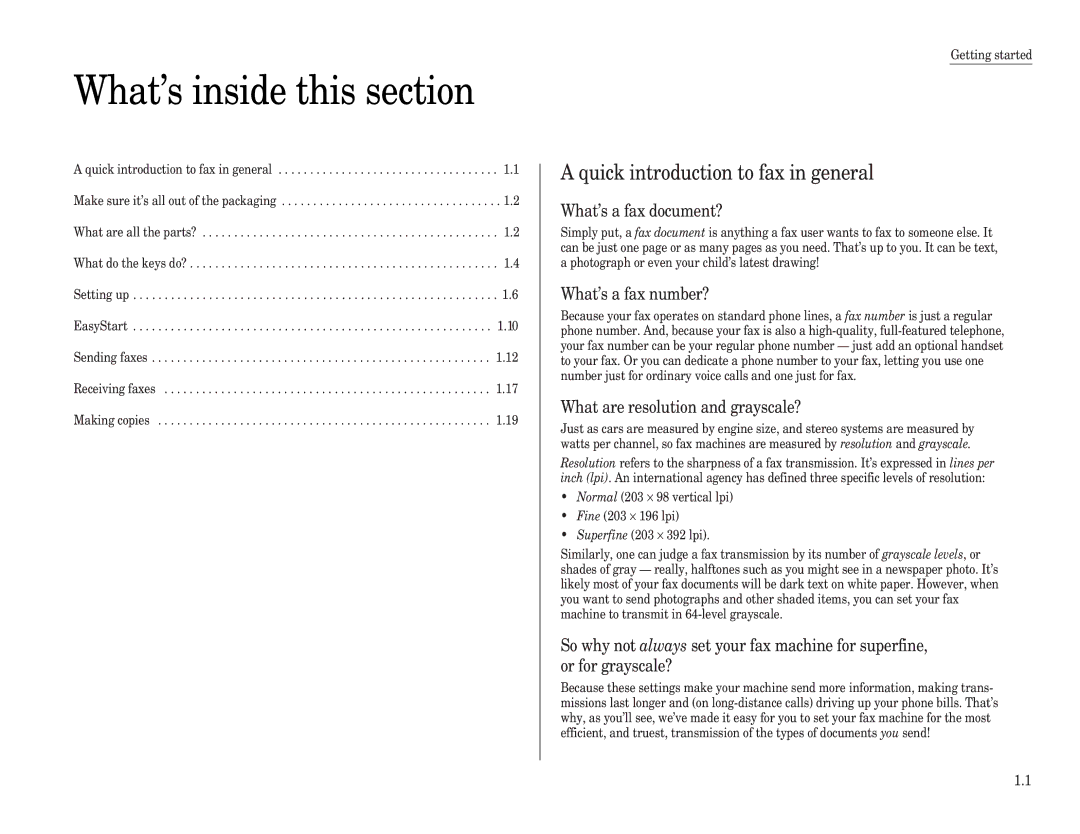 Muratec F-98 operating instructions What’s inside this section, Quick introduction to fax in general 