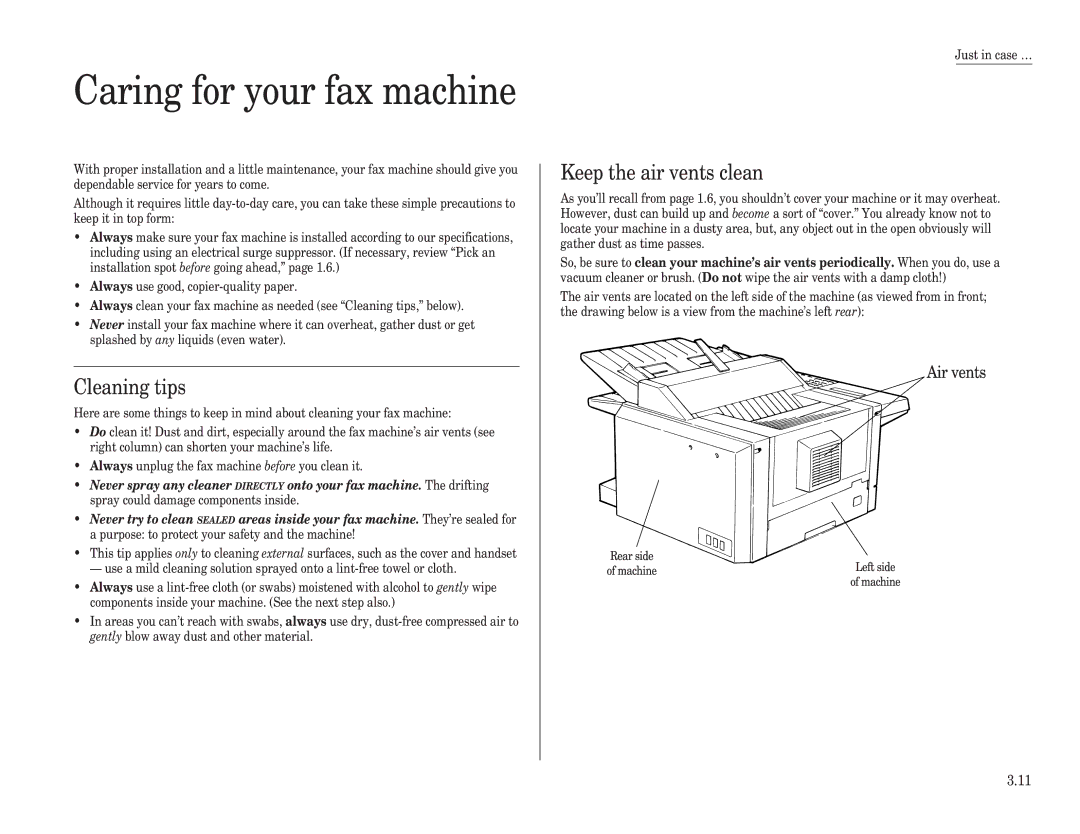 Muratec F-98 operating instructions Caring for your fax machine, Cleaning tips, Keep the air vents clean 