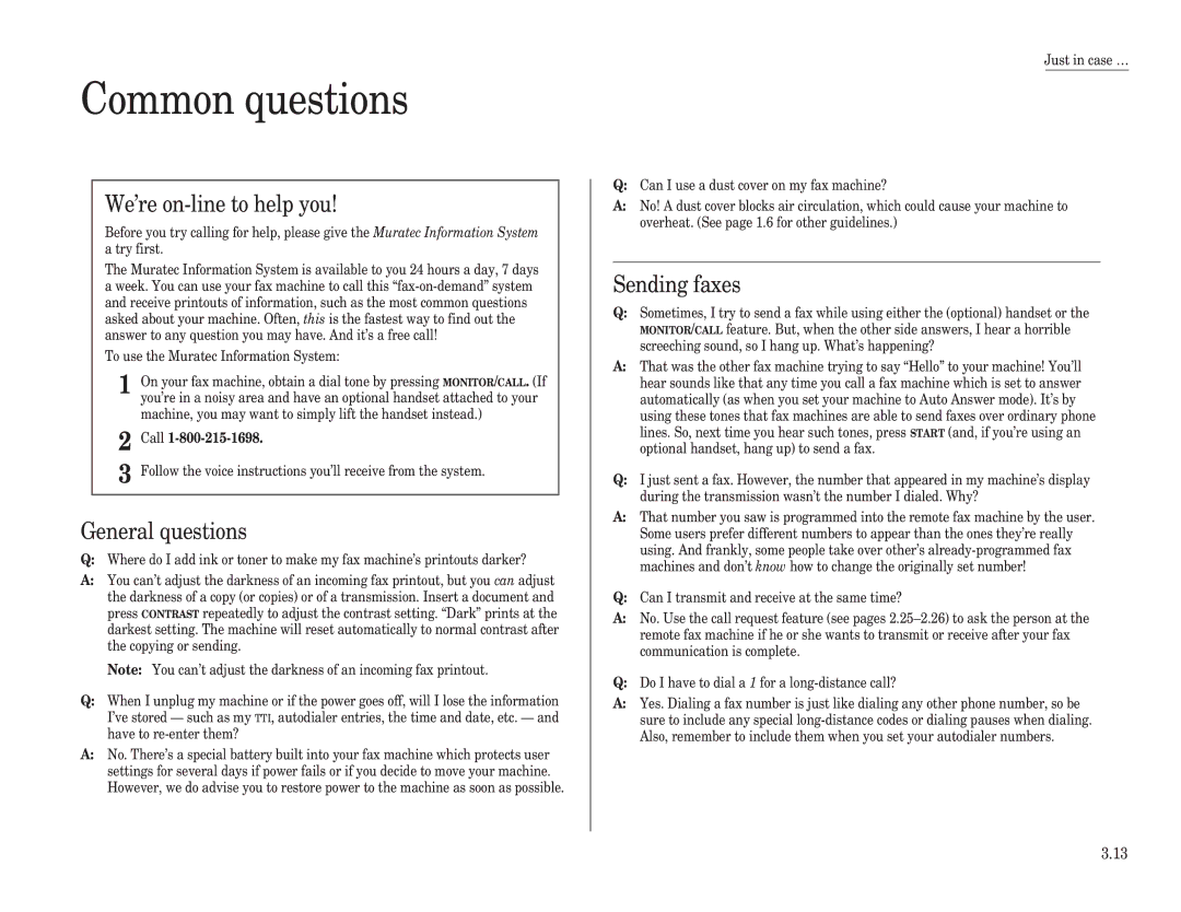 Muratec F-98 operating instructions Common questions, We’re on-line to help you, General questions, Sending faxes 