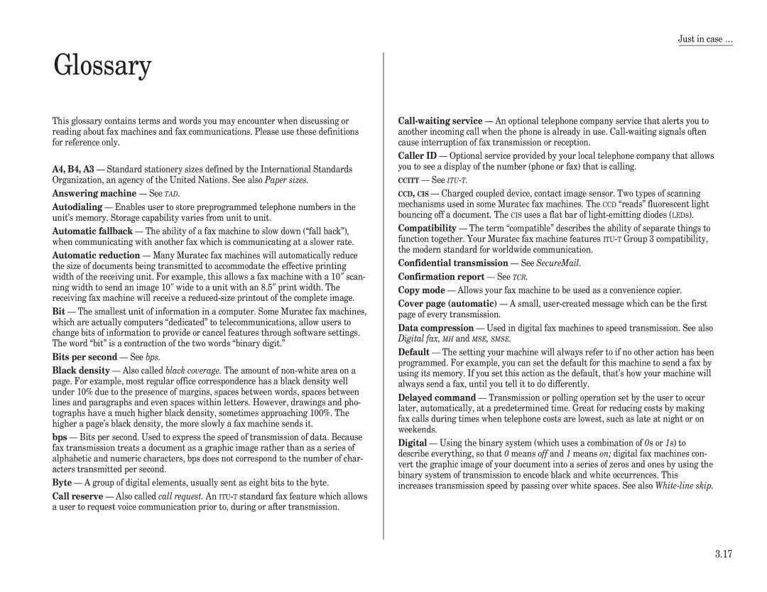 Muratec F-98 operating instructions Glossary, Answering machine See TAD 