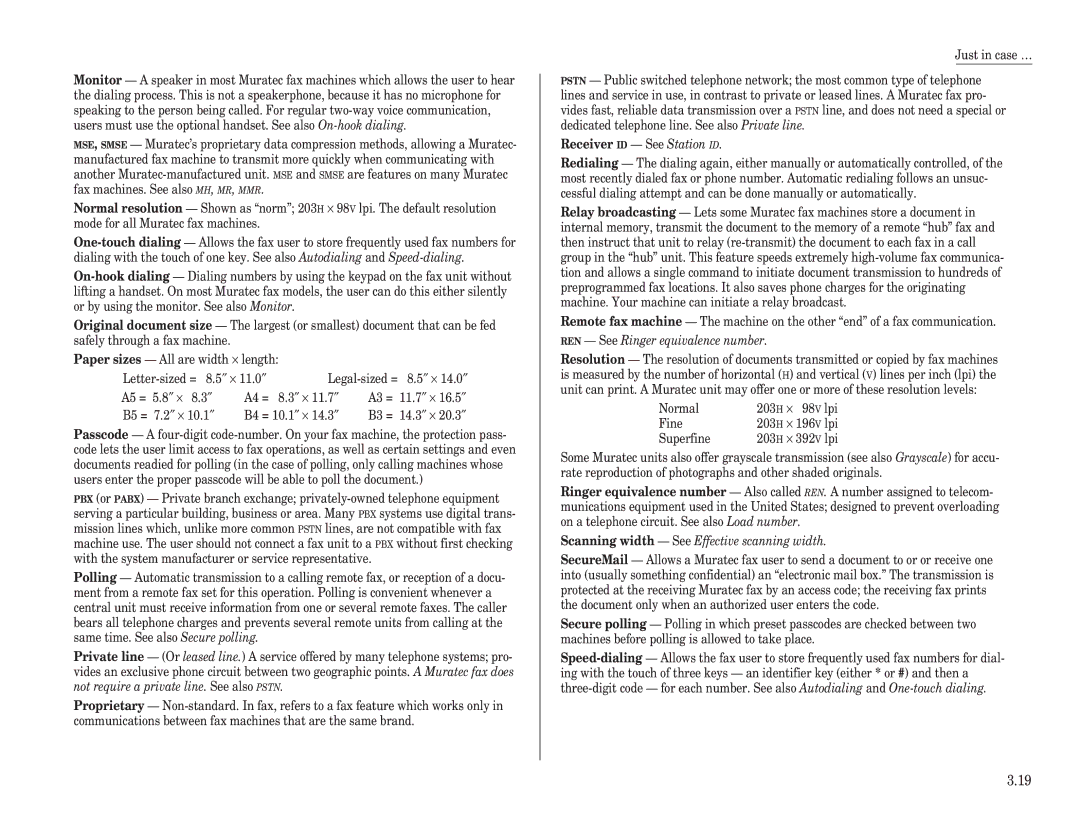 Muratec F-98 operating instructions REN See Ringer equivalence number, Scanning width See Effective scanning width 