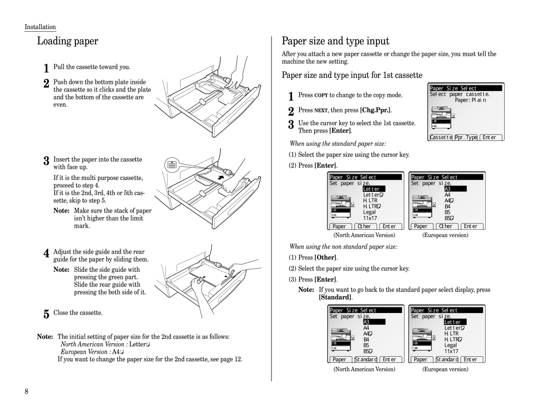 Muratec Fax Machine installation manual Loading paper, Paper size and type input for 1st cassette 