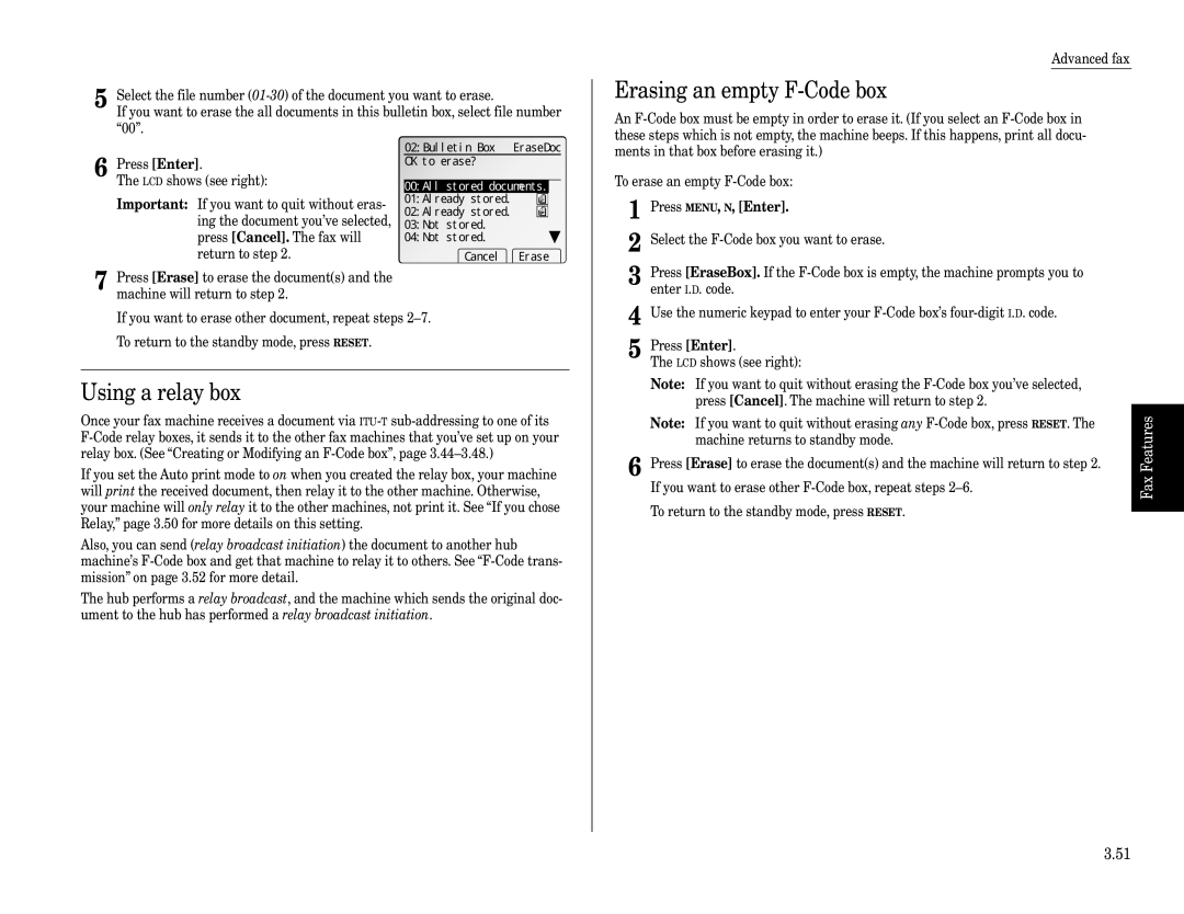 Muratec Fax Machine Using a relay box, Erasing an empty F-Code box, 02Bulletin Box, 03Not stored, 04Not stored 