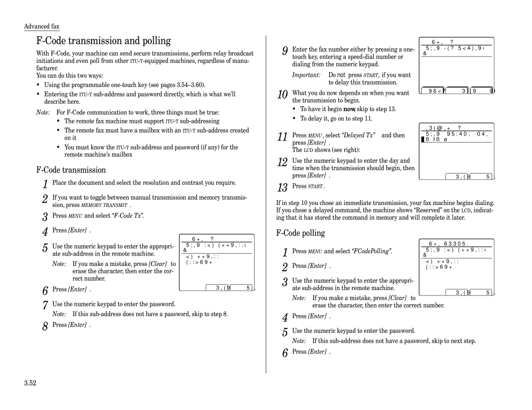 Muratec Fax Machine installation manual Code transmission and polling, Code polling, Enter sub-address, FCodePolling 