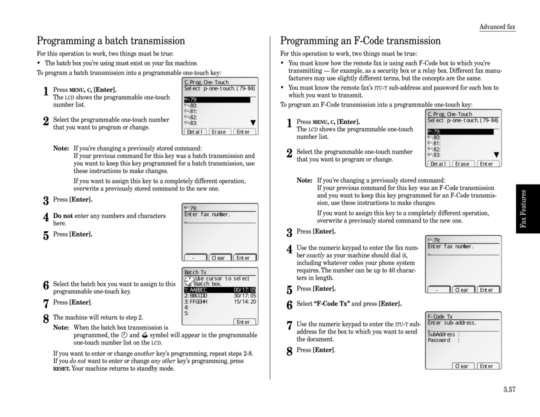 Muratec Fax Machine Programming a batch transmission, Programming an F-Code transmission, Clear Enter Batch Tx 