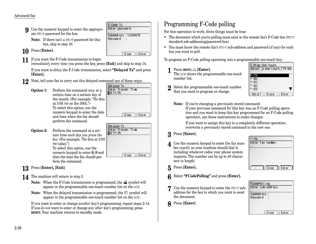 Muratec Fax Machine installation manual Programming F-Code polling, 12345678, Enter Trnsmit Time 00/1705 Clear Enter 