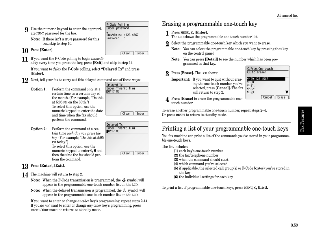 Muratec Fax Machine Erasing a programmable one-touch key, Printing a list of your programmable one-touch keys, 79123-4567 