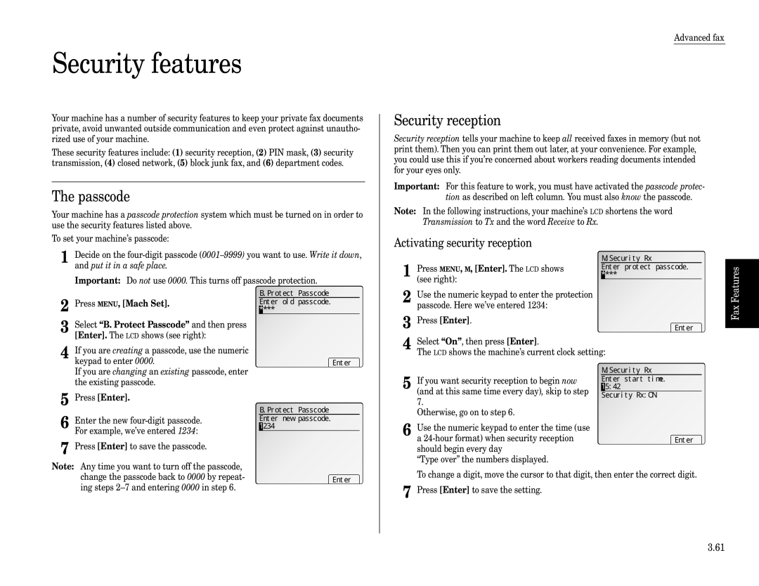 Muratec Fax Machine installation manual Security features, Passcode, Security reception, Activating security reception 