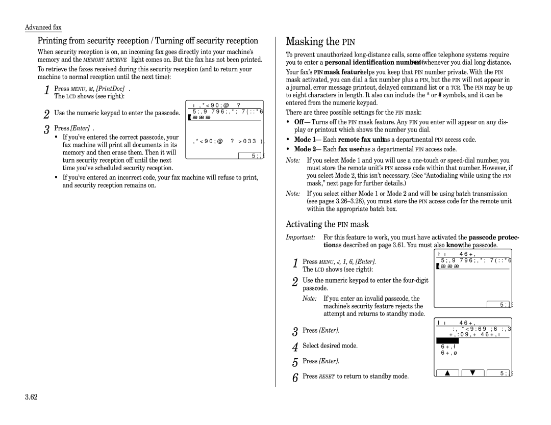 Muratec Fax Machine Masking the PIN, Activating the PIN mask, Security Rx Enter protect passcode Security Rx will be OFF 