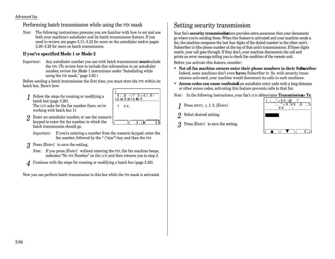 Muratec Fax Machine Setting security transmission, Performing batch transmission while using the PIN mask, Tx Time Clear 