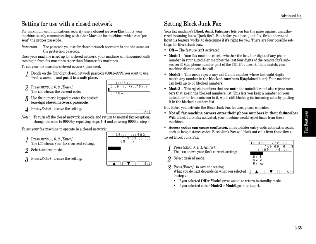 Muratec Fax Machine installation manual Setting for use with a closed network, Setting Block Junk Fax 