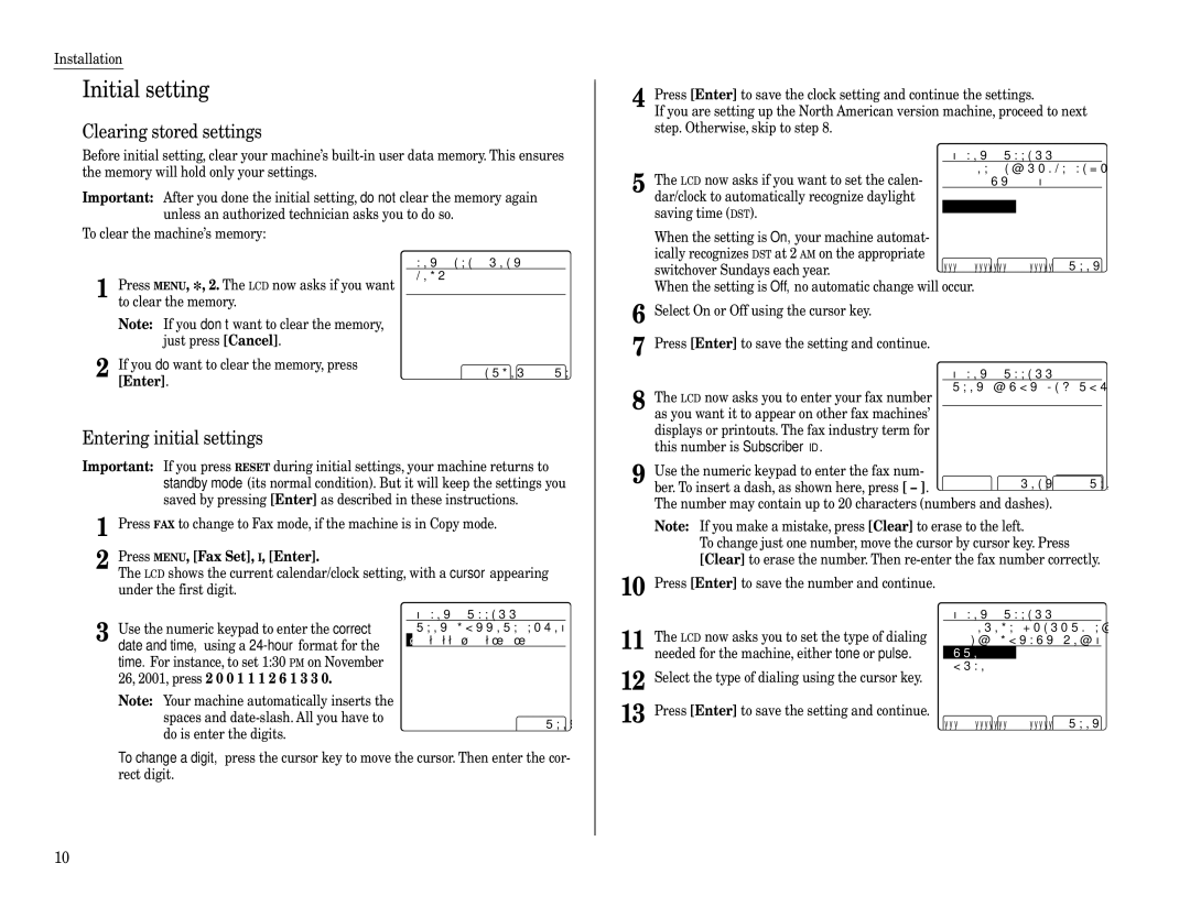 Muratec Fax Machine installation manual Initial setting, Clearing stored settings, Entering initial settings, Tone 