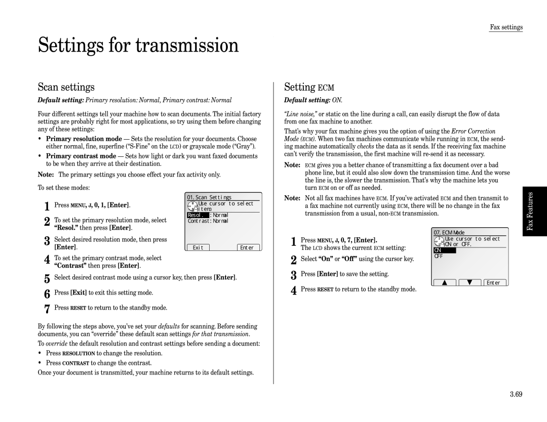 Muratec Fax Machine installation manual Settings for transmission, Scan settings, Setting ECM, Resol. Normal 