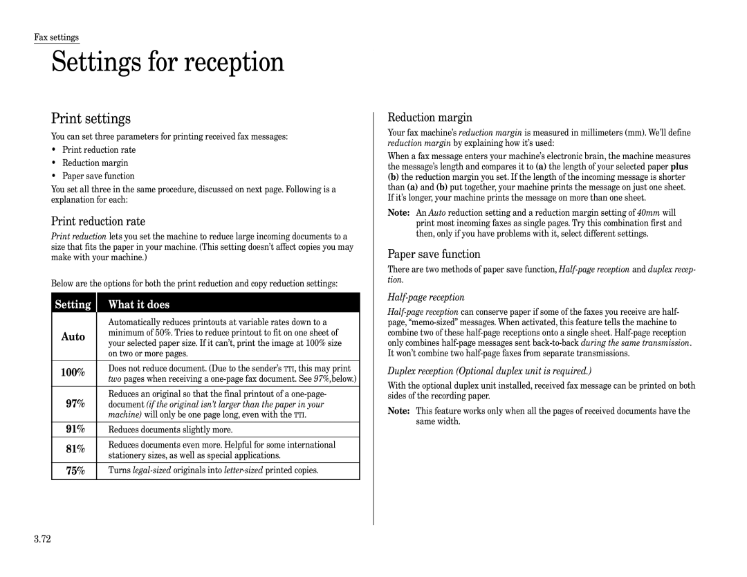 Muratec Fax Machine Settings for reception, Print settings, Print reduction rate, Reduction margin, Paper save function 