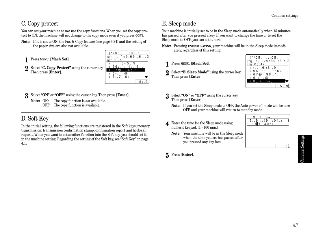 Muratec Fax Machine installation manual Copy protect, Sleep mode, Copy Protect D.Soft Key, Sleep Mode 