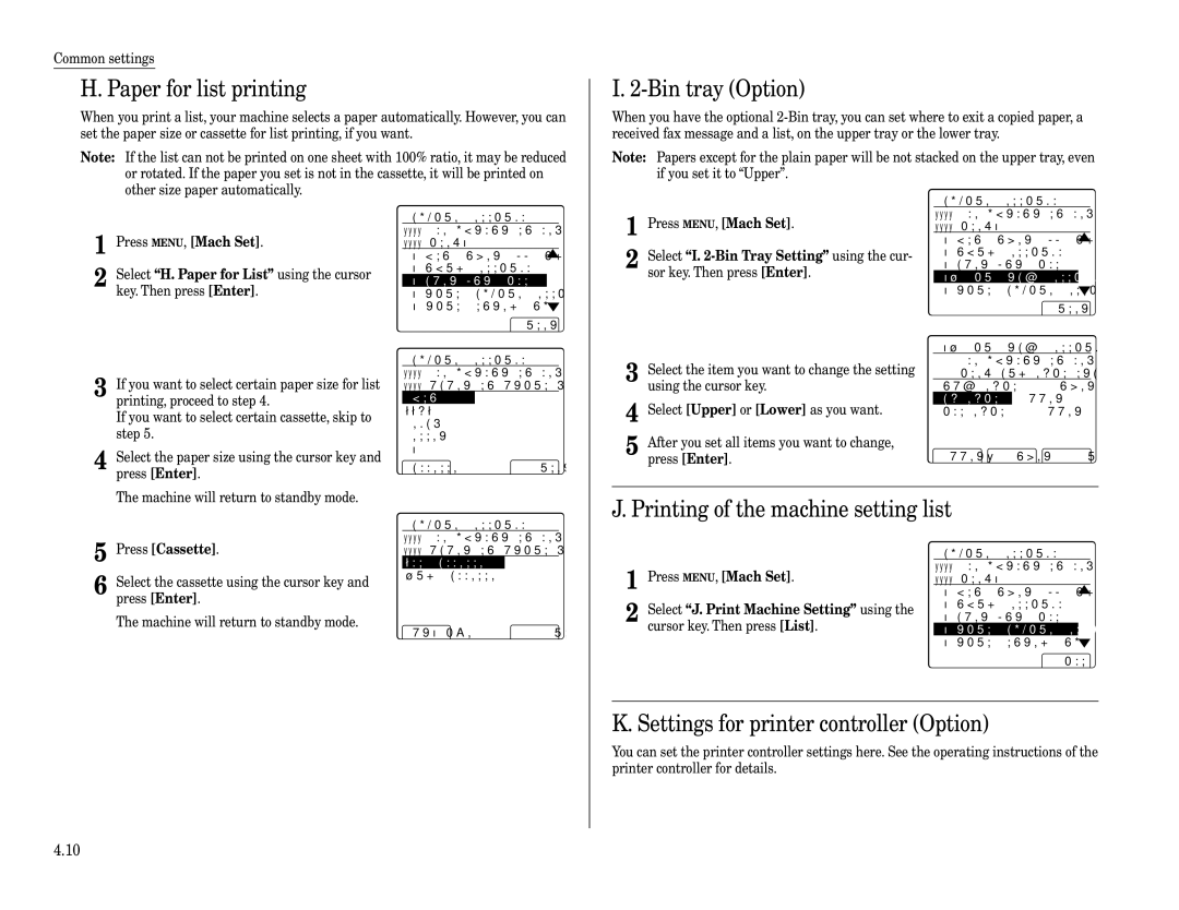 Muratec Fax Machine installation manual Paper for list printing, Bin tray Option, Printing of the machine setting list 