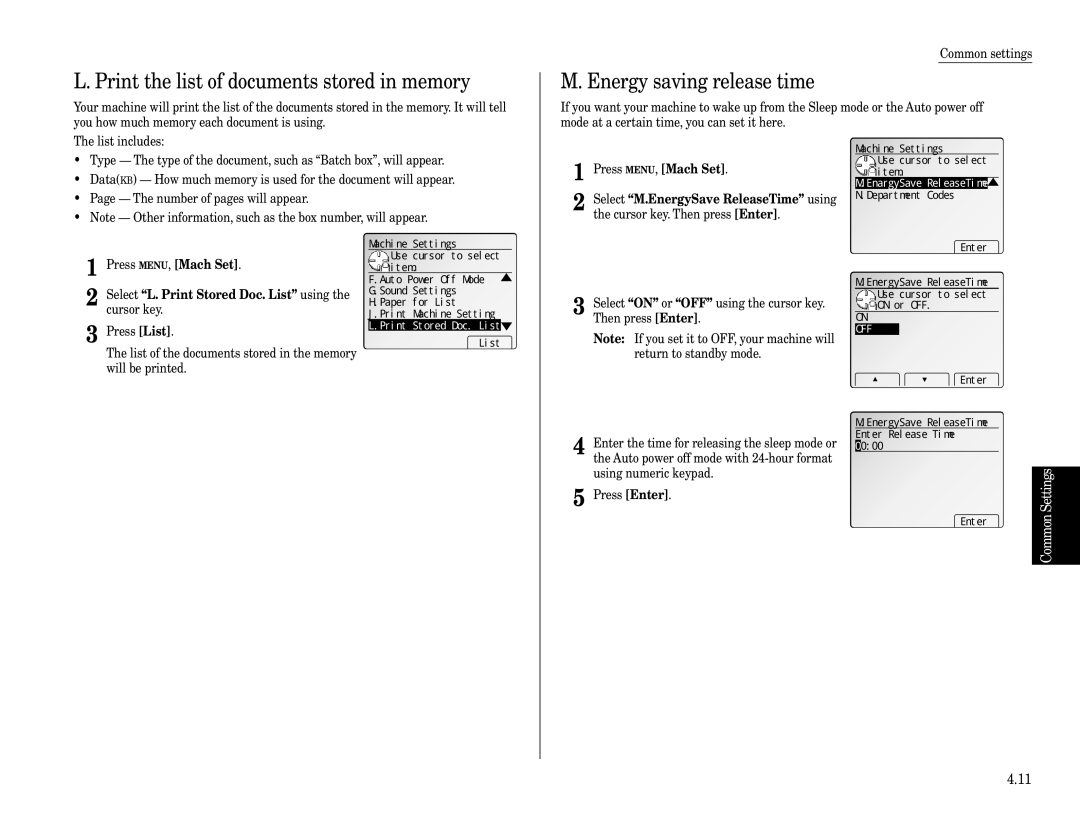 Muratec Fax Machine Print the list of documents stored in memory, Energy saving release time, EnargySave ReleaseTime 