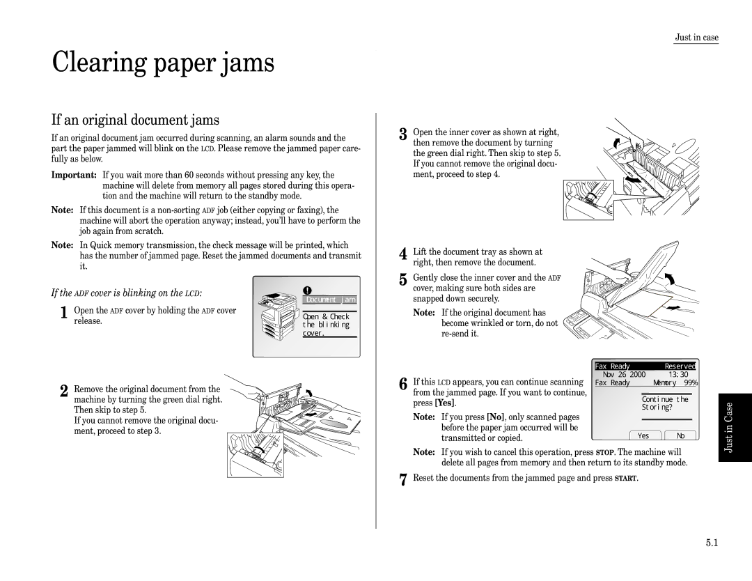 Muratec Fax Machine Clearing paper jams, If an original document jams, Case, Just, If the ADF cover is blinking on the LCD 