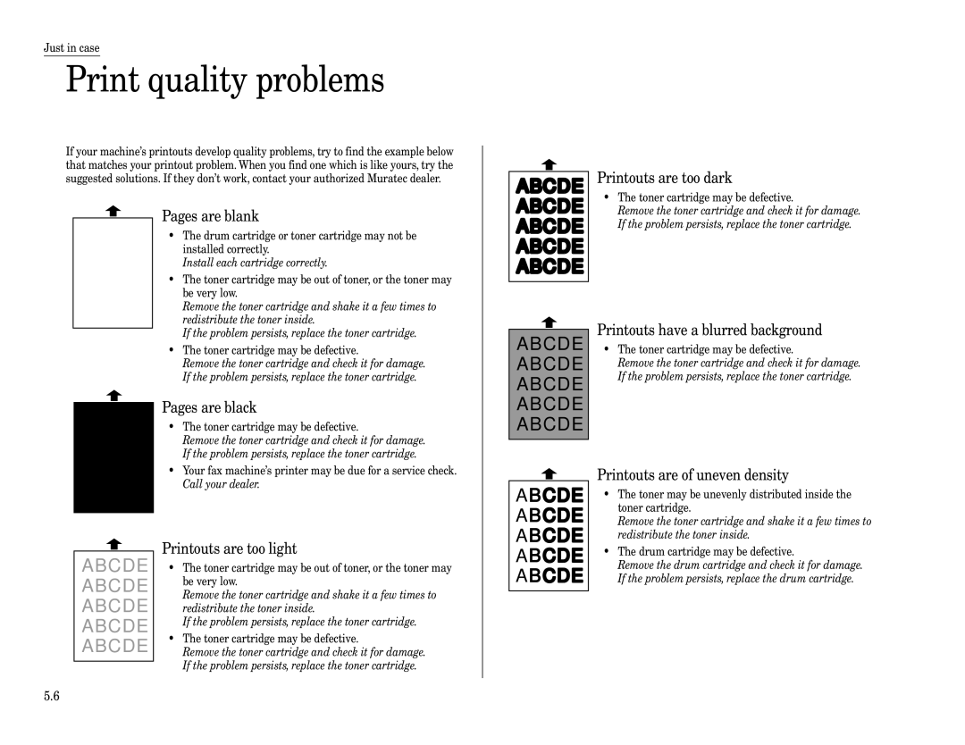 Muratec Fax Machine installation manual Print quality problems 