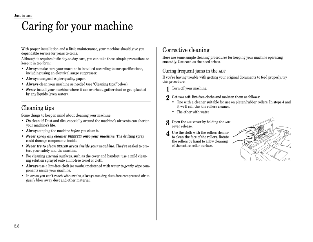 Muratec Fax Machine Caring for your machine, Cleaning tips, Corrective cleaning, Curing frequent jams in the ADF 