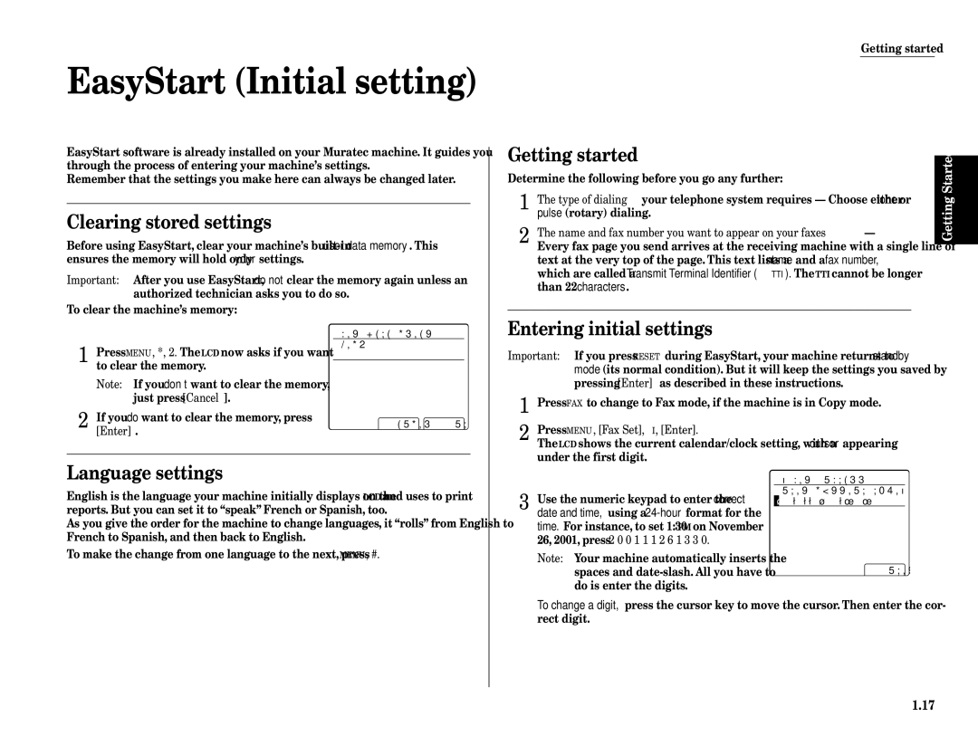 Muratec Fax Machine EasyStart Initial setting, Clearing stored settings, Getting started, Entering initial settings 