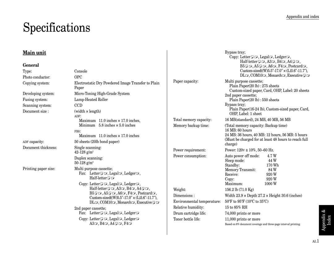 Muratec Fax Machine installation manual Specifications, Main unit 