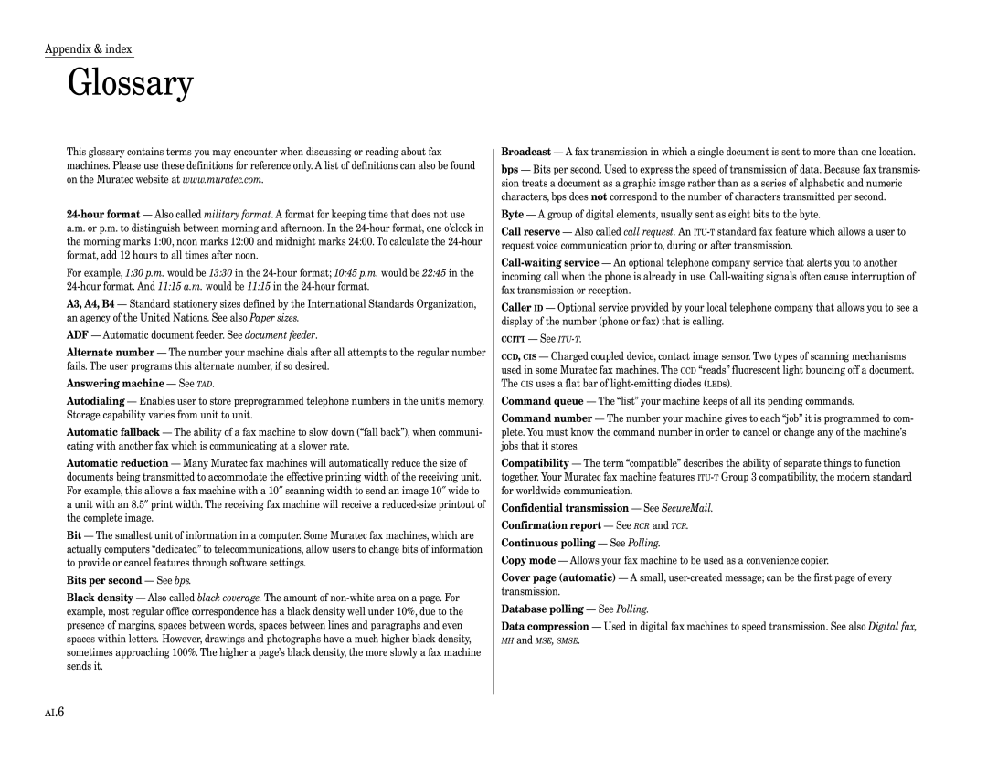 Muratec Fax Machine installation manual Glossary, Answering machine See TAD 